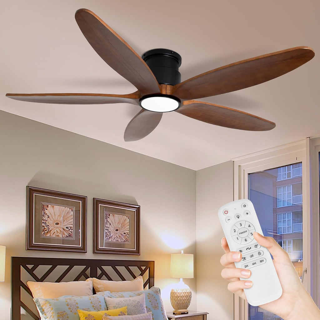 Ceiling Fan with Lights, 52Inch Flush Mount Ceiling Fan with Remote Control, 5 Wood Blades, DC Motor,3CCT,Walnut Wooden Ceiling Fans for Bedroom, Living Room, Home Office,Indoor