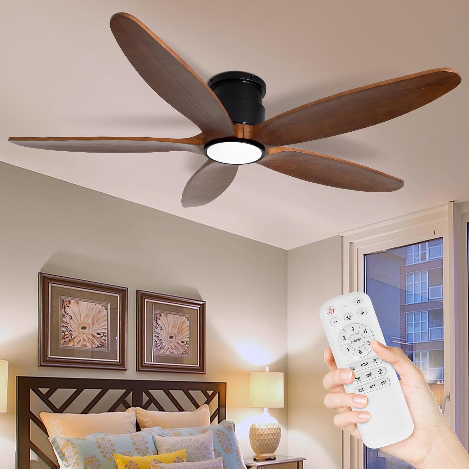 Ceiling Fan with Lights, 52Inch Flush Mount Ceiling Fan with Remote Control, 5 Wood Blades, DC Motor,3CCT,Walnut Wooden Ceiling Fans for Bedroom, Living Room, Home Office,Indoor