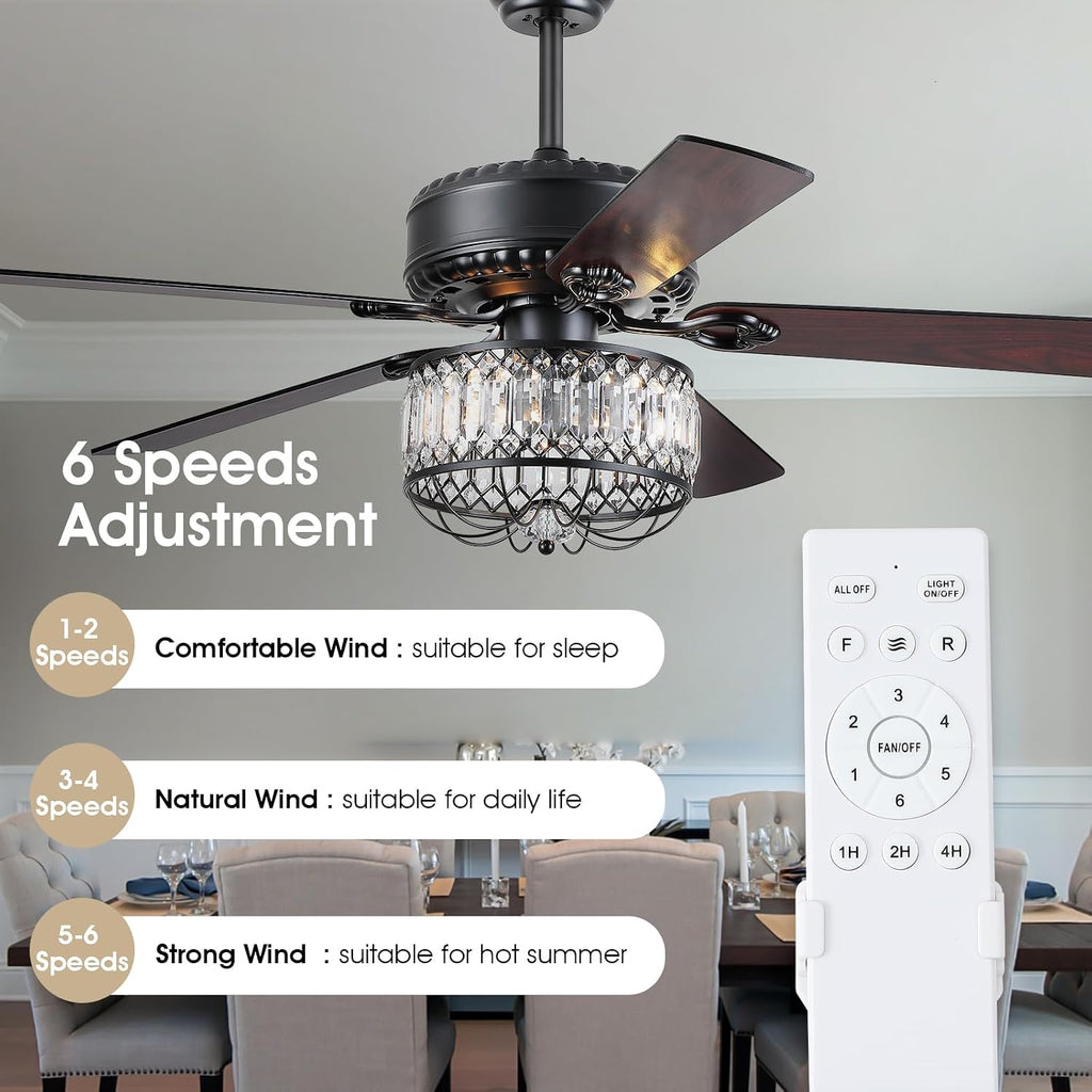 Kviflon Farmhouse Crystal Ceiling Fans with Lights and Remote, 52 Inch Chandelier Ceiling Fans, Black Fandelier Ceiling Fan for Bedroom Living Room, Quiet DC Motor, Reversible, Bulb not Included