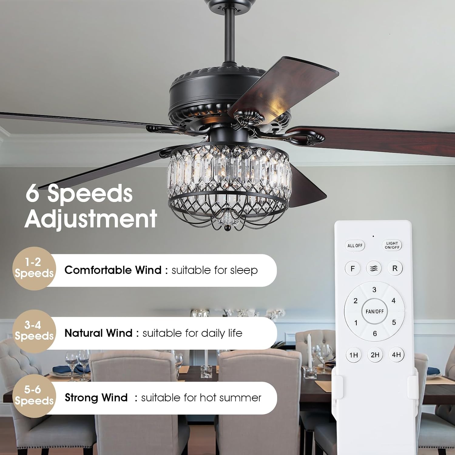 Kviflon Farmhouse Crystal Ceiling Fans with Lights and Remote, 52 Inch Chandelier Ceiling Fans, Black Fandelier Ceiling Fan for Bedroom Living Room, Quiet DC Motor, Reversible, Bulb not Included