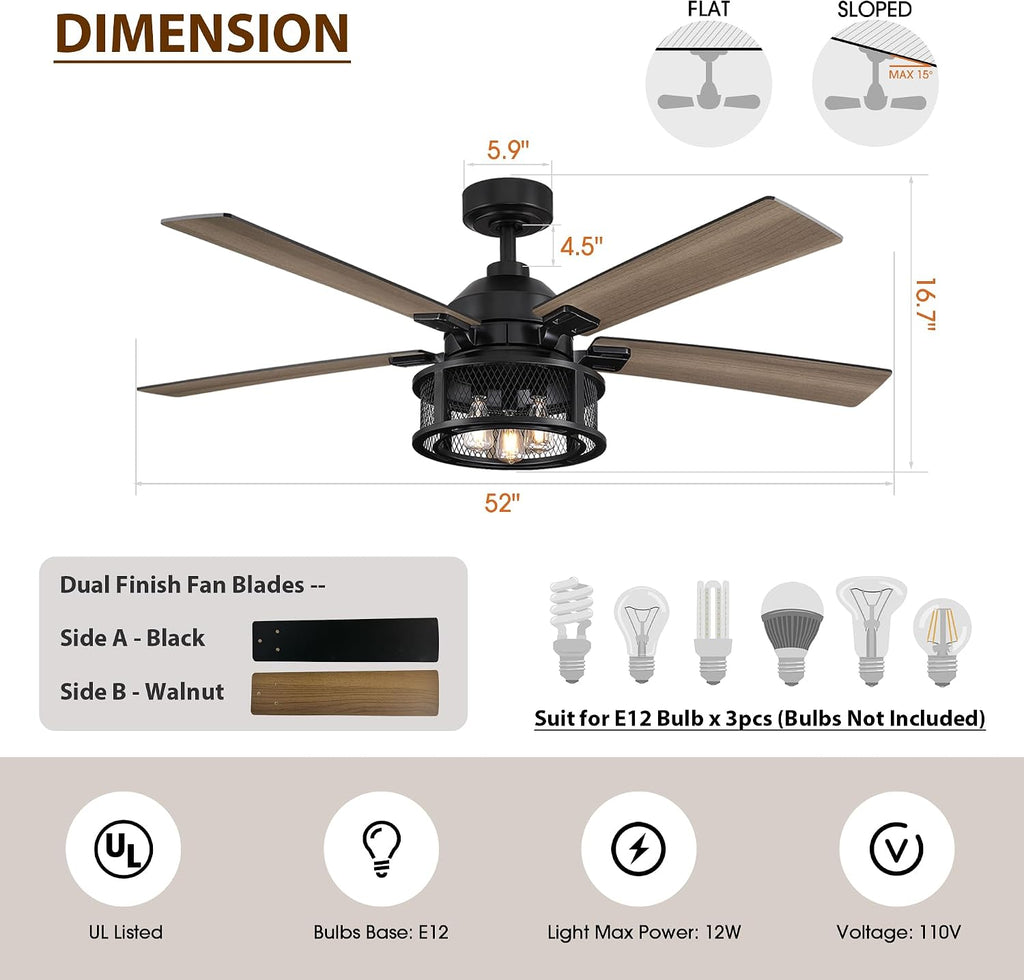 Ceiling Fans with Lights and Remote 52 Inch Farmhouse Rustic Ceiling Fan for Bedroom Living Room Black Chandelier Ceiling Fan with E12 Socket, 3 Speeds, Reversible 5 Blades, Timer, Ventilador de Techo