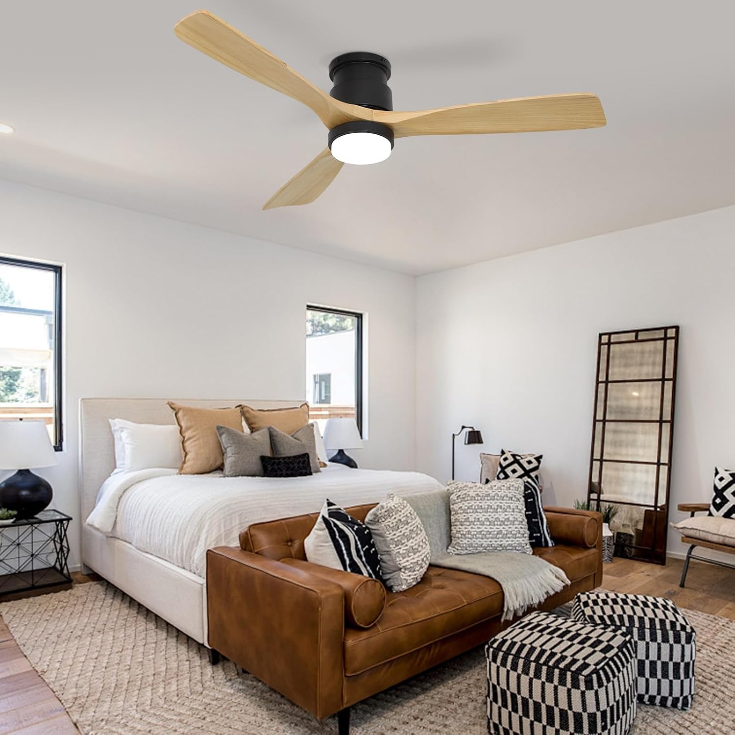 Flush Mount Ceiling Fan with Light Remote, 52inch Natural Wood Ceiling Fans, 6 Speeds Reversible DC Motor 3CCT LED Lighting, Indoor Outdoor Fan Farmhouse Bedroom Living Room