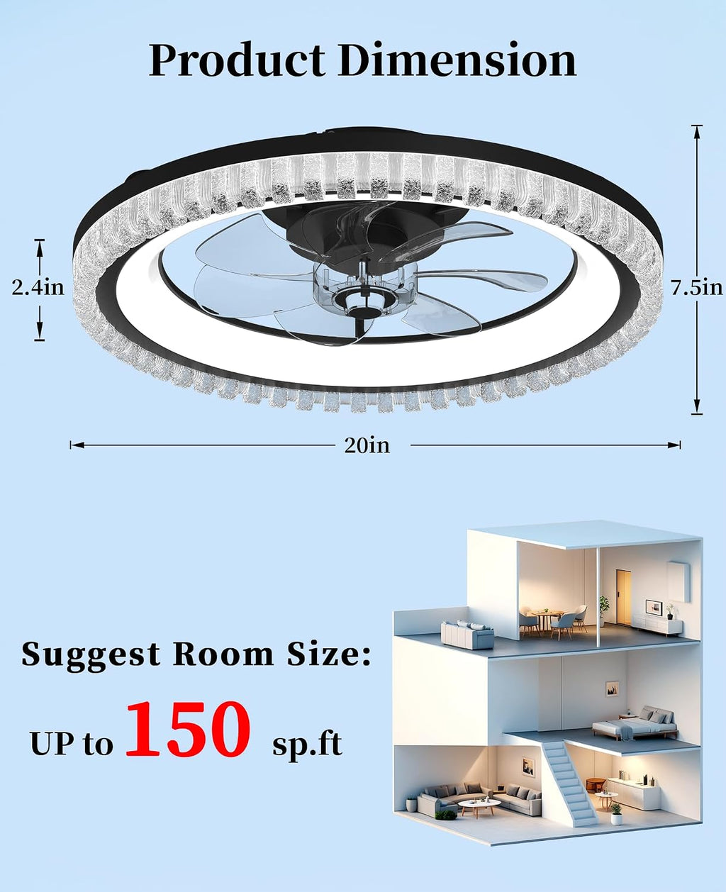 Ceiling Fans with Lights and Remote, Low Profile Flush Mount Ceiling Fan with Light, Smart APP Control, 6 Speed DC Motor, 3CCT Dimmable LED, Quiet Bedroom Ceiling Fan for Small Room, Black 20″