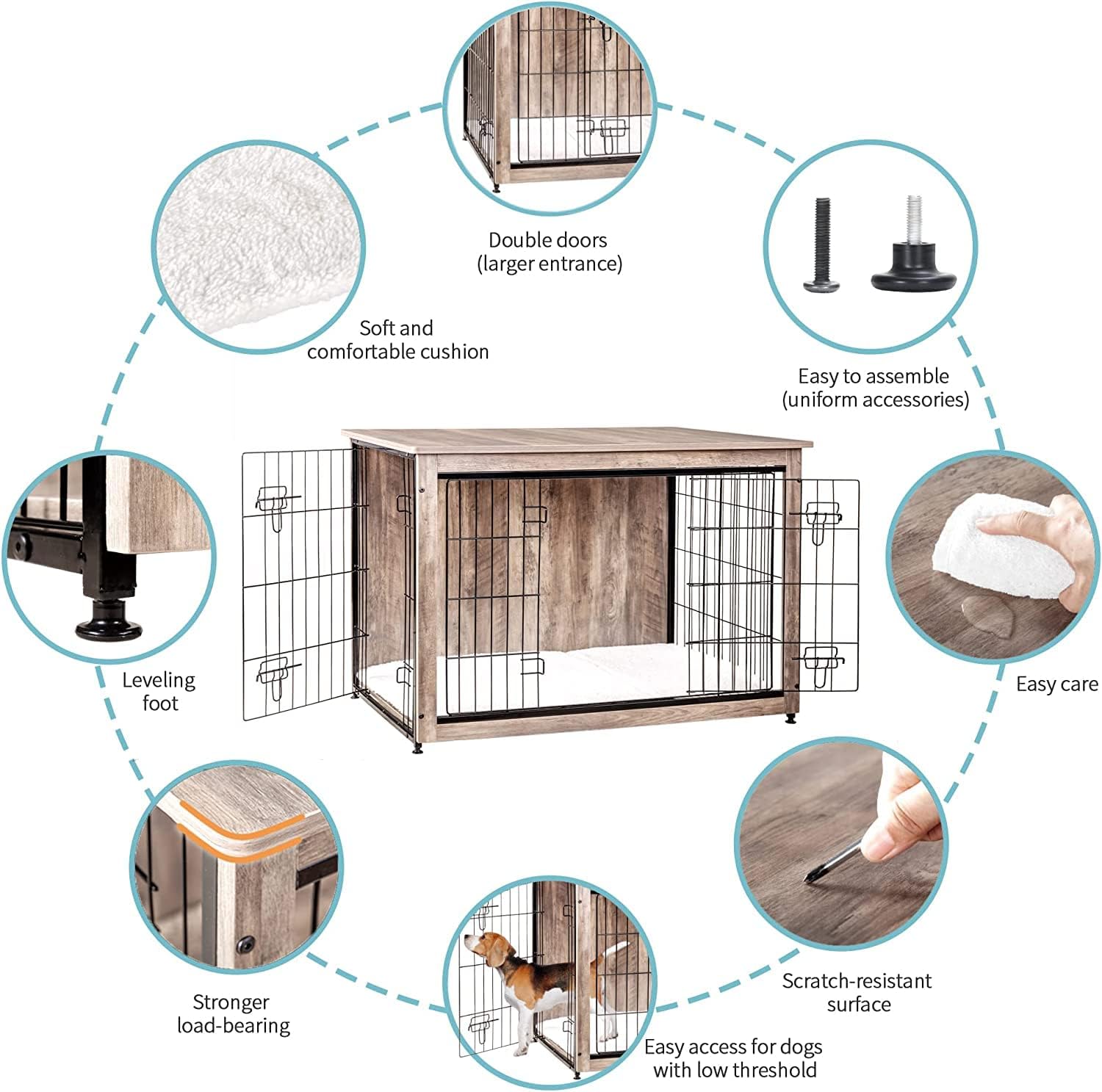 DWANTON Dog Crate Furniture with Cushion, Wooden Kennel Table with Double Doors, Indoor Dog House, Large Size, 38.5' L, Greige