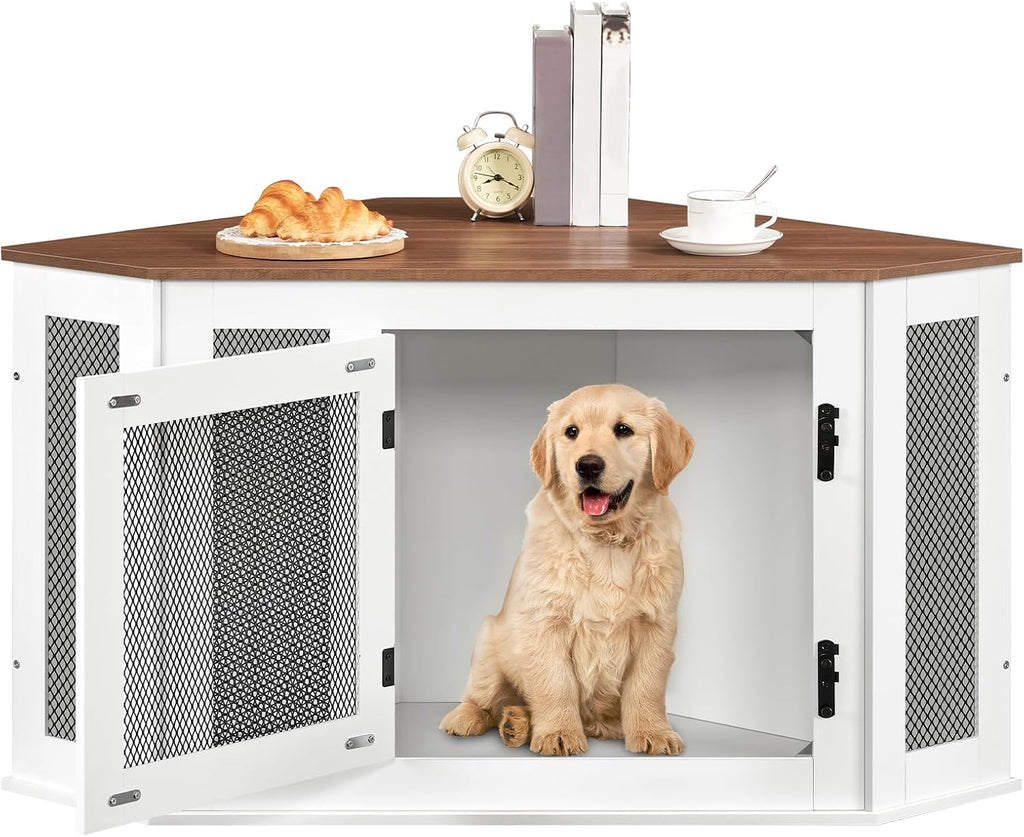 MAHANCRIS Corner Dog Crate Furniture, Wooden Dog Kennel End Table, Decorative Pet Crate Indoor Use, Furniture Style Dog House for Small Medium Dog, Dog Cage TV Stand, White and Walnut DCBA0801