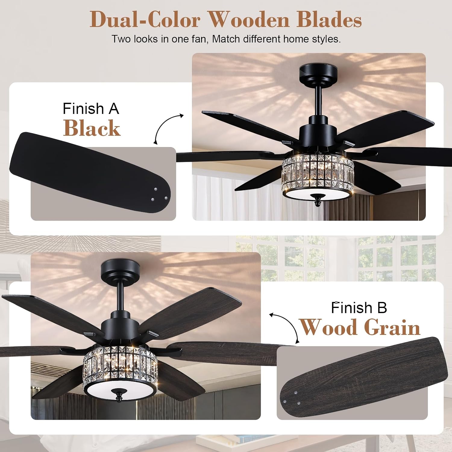 Kviflon 52 Inch Crystal Ceiling Fan with Lights and Remote/APP Control, Black Fandelier Ceiling Fan with Light, Modern Chandelier Ceiling Fan for Bedroom Living Room, Quiet DC Motor, Dimmable LED