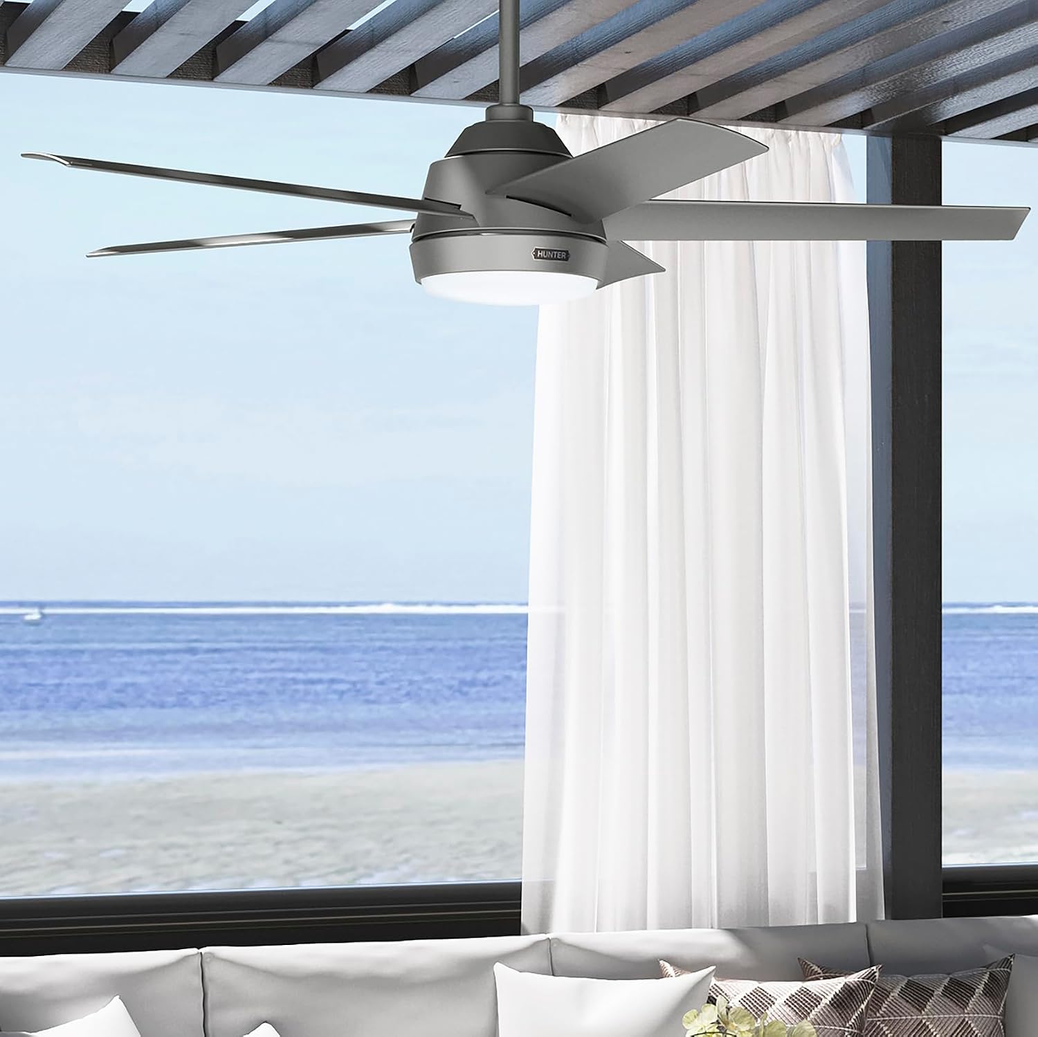 Hunter Fan 52 Inch Matte Silver Indoor/Outdoor Ceiling Fan with Lights for Farmhouse, Patio, Bedroom, Living Room, Office, Basement, Kitchen (Renewed), CC5C26C12