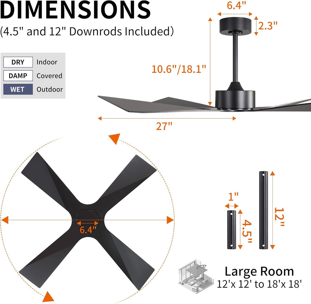 WINGBO 54' Wet Rated Outdoor Ceiling Fan without Lights, 4 ABS Plastic Blades, Reversible DC Motor, 6-Speed Remote Control, Waterproof Ceiling Fan No Lights for Patio Porch Gazebo Garage, Black