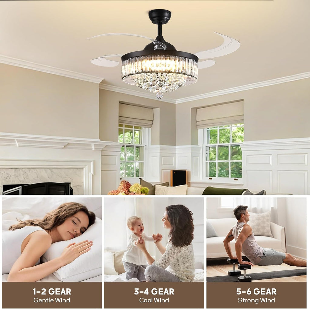 48'' Crystal Fandelier Ceiling Fan with Light, Retractable Blades Ceiling Fans with Light and Remote, Dimmable Chandelier Ceiling Fan for Bedroom Living Room-Black