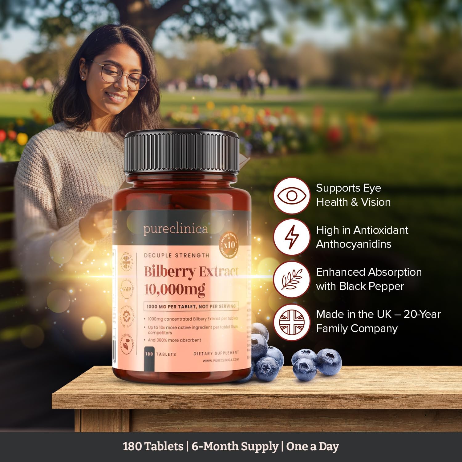 pureclinica Bilberry Extract – 1000mg (10:1) per Tablet – 1080 Tablets (6 x 180) – 36 Month Supply – High Strength