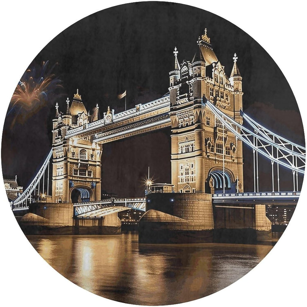Night London Tower Bridge Coral Velvet Round Floor Mat Non-Slip Bath Rug Floor Covering for Bathroom Vanity Guest Suite & Vacation Home