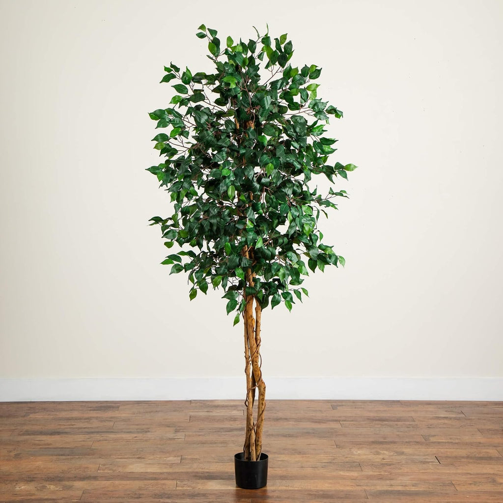Nearly Natural 74in Artificial Triple Trunk Ficus Tree, Faux Greenery with Natural Wood Trunks for Indoor Home Decor