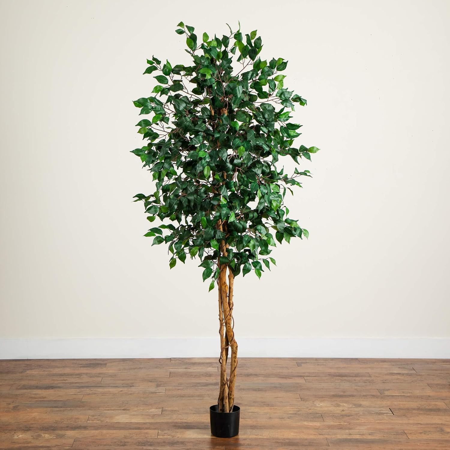 Nearly Natural 74in Artificial Triple Trunk Ficus Tree, Faux Greenery with Natural Wood Trunks for Indoor Home Decor