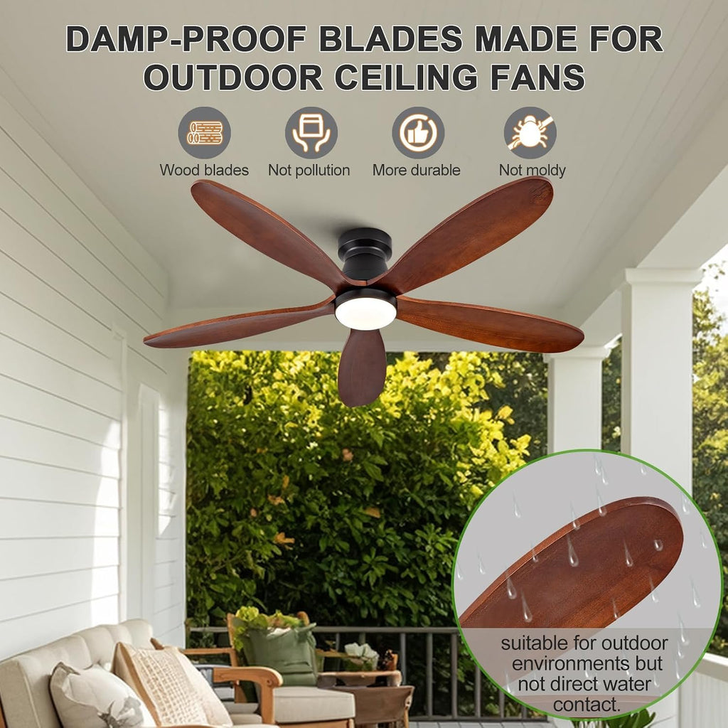48 Inch Ceiling Fans with Lights and Remote, Low Profile Flush Mount Modern Ceiling Fan with Light, Indoor Outdoor Wood Ceiling Fan for Patio Dining Room, Wall Switch, 6 Speed DC Motor