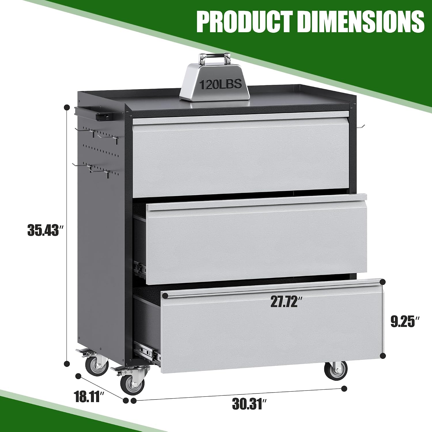 Aobabo Metal Rolling Tool Storage Cabinet with Drawers, Side Pegboards, Left Handle, Lockable Casters, Garage Workshop Utility Cart, 18.11 D x 30.3 W x 35.4 H Inches,Assembly Required