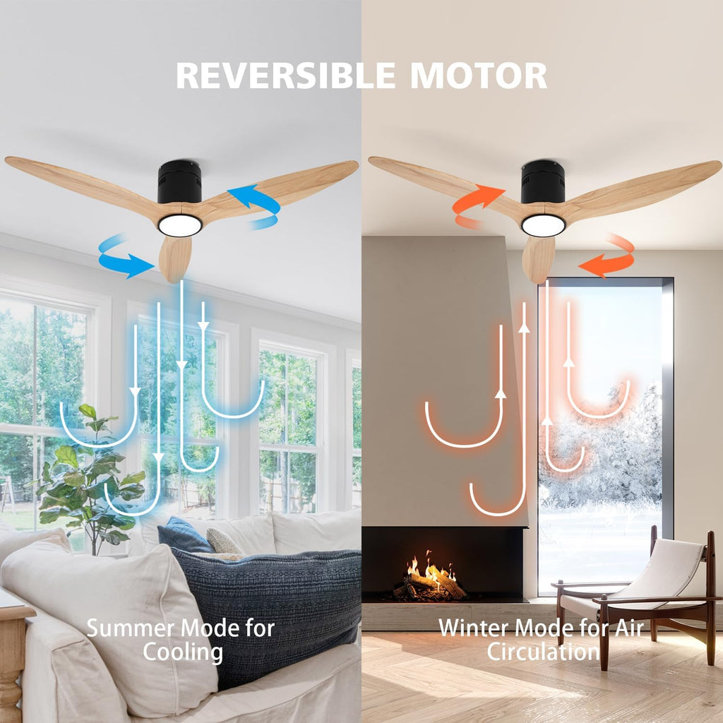 Wood Flush Mount Ceiling Fan with Light,52 inch Low Profile Modern Ceiling Fans for Outdoor/Patios/Bedroom/Office,3 color light,6 Speed,DC Motor,Wood and Modern Matte Black