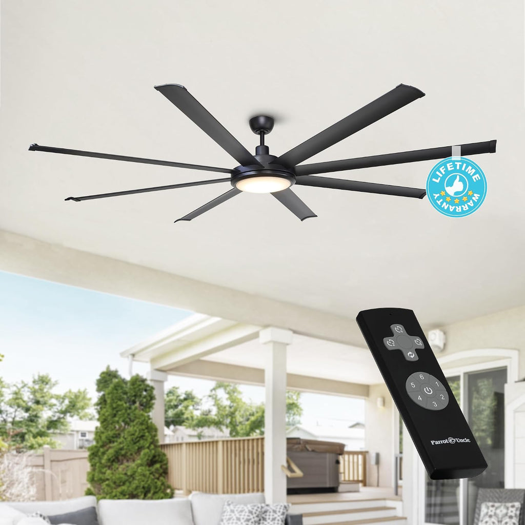 Parrot Uncle Ceiling Fans with Lights and Remote, 75 Inch Black Industrial Ceiling Fan with LED Light for Bedroom Living Room Indoor Outdoor, 6-Speeds Reversible DC Motor, 8 Aluminum Blades, Timer