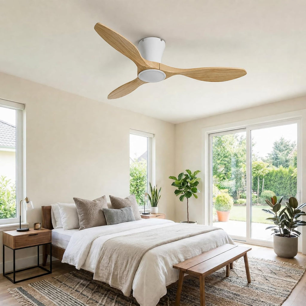 Skylike 42' Flush Mount Wood Ceiling Fan with Lights, 3 Blade Low Profile Farmhouse Ceiling Fan with Remote Control,Quiet Indoor/Outdoor Light Walnut Ceiling Fan for Patio,Gazebo, Balcony, Living Room