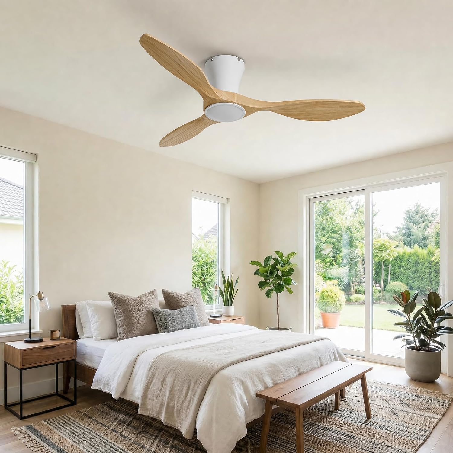 Skylike 42' Flush Mount Wood Ceiling Fan with Lights, 3 Blade Low Profile Farmhouse Ceiling Fan with Remote Control,Quiet Indoor/Outdoor Light Walnut Ceiling Fan for Patio,Gazebo, Balcony, Living Room