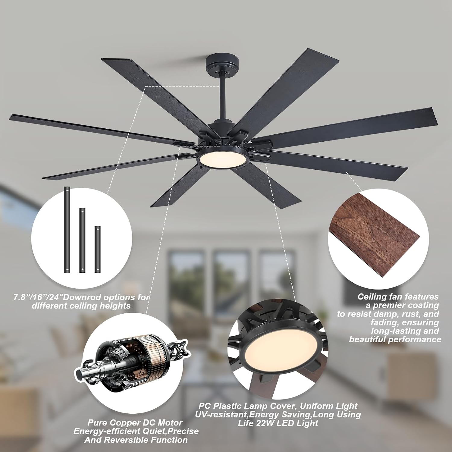 72 Inch Large Ceiling Fans with Lights and Remote Industrial Black Modern Ceiling Fans for Patios Living Room Garage Shop Indoor/Outdoor 6 Speed Reversible Quiet DC Motor, 3 CCT, Dual Finish 8 Blades