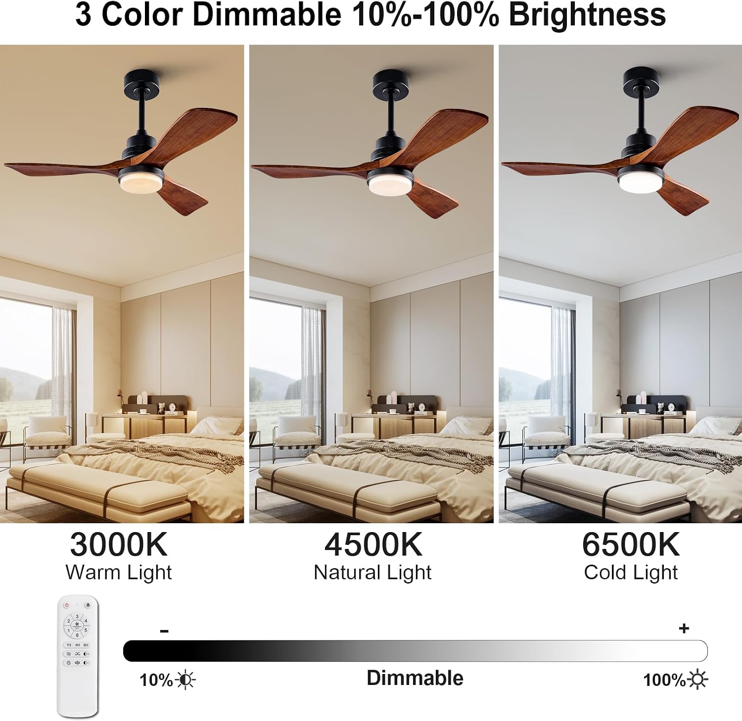 42 Inch Outdoor Ceiling Fans with Lights and Remote, Dimmable 3 Blade Wood Outdoor Ceiling Fans for Patios, Black Walnut Bedroom Ceiling Fan with Light, DC Motor