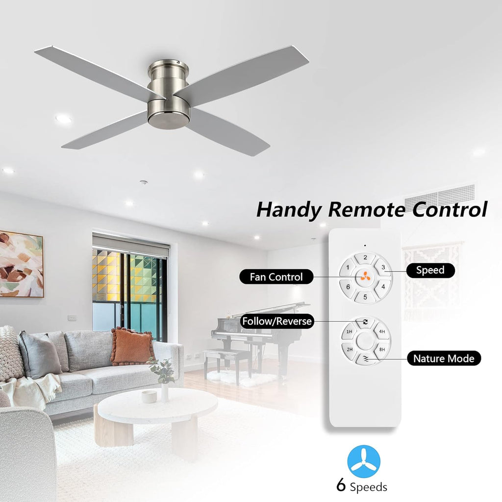 WINGBO 44' Flush Mount DC Ceiling Fan without Lights, 4 Reversible Plywood Blades, Quiet 6-Speed DC Motor, Hugger Low Profile Ceiling Fan No Lights for Bedroom, Brushed Nickel Finish
