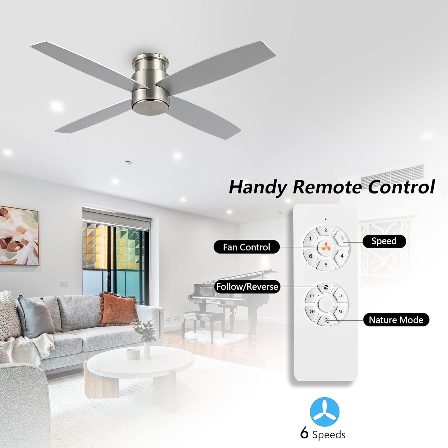 WINGBO 44' Flush Mount DC Ceiling Fan without Lights, 4 Reversible Plywood Blades, Quiet 6-Speed DC Motor, Hugger Low Profile Ceiling Fan No Lights for Bedroom, Brushed Nickel Finish