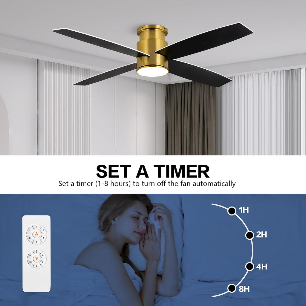 WINGBO 52 Inch Flush Mount DC Ceiling Fan with Lights and Remote, 4 Reversible Blades, Ultra Quiet 6-Speed DC Motor, Hugger Low Profile Indoor Ceiling Fan, Brass Finish