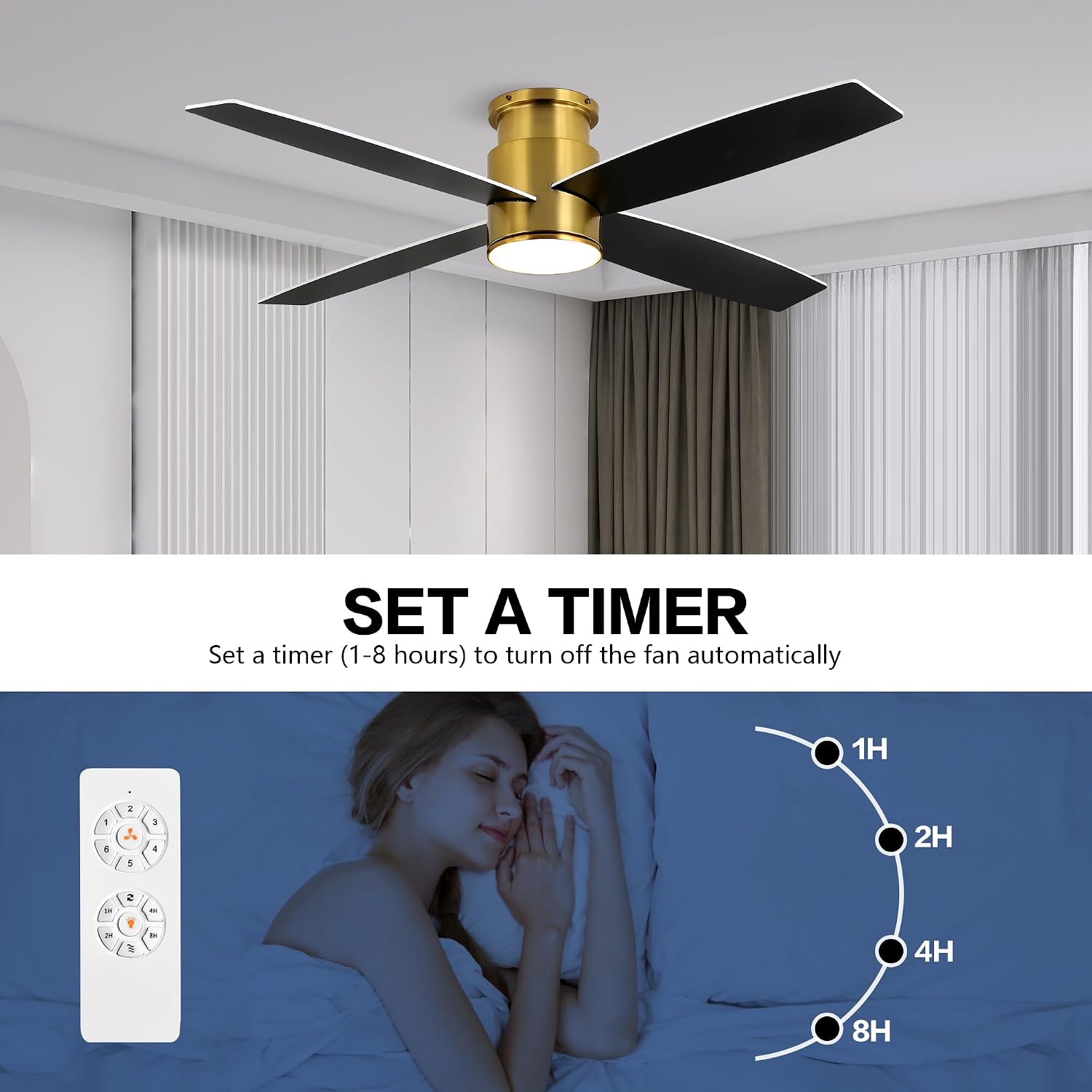WINGBO 52 Inch Flush Mount DC Ceiling Fan with Lights and Remote, 4 Reversible Blades, Ultra Quiet 6-Speed DC Motor, Hugger Low Profile Indoor Ceiling Fan, Brass Finish