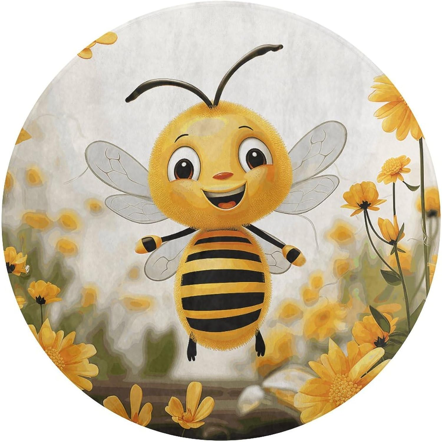Cute Bees Daisy Flower Coral Velvet Round Floor Mat Non-Slip Bath Rug Floor Covering for Bathroom Vanity Guest Suite & Vacation Home