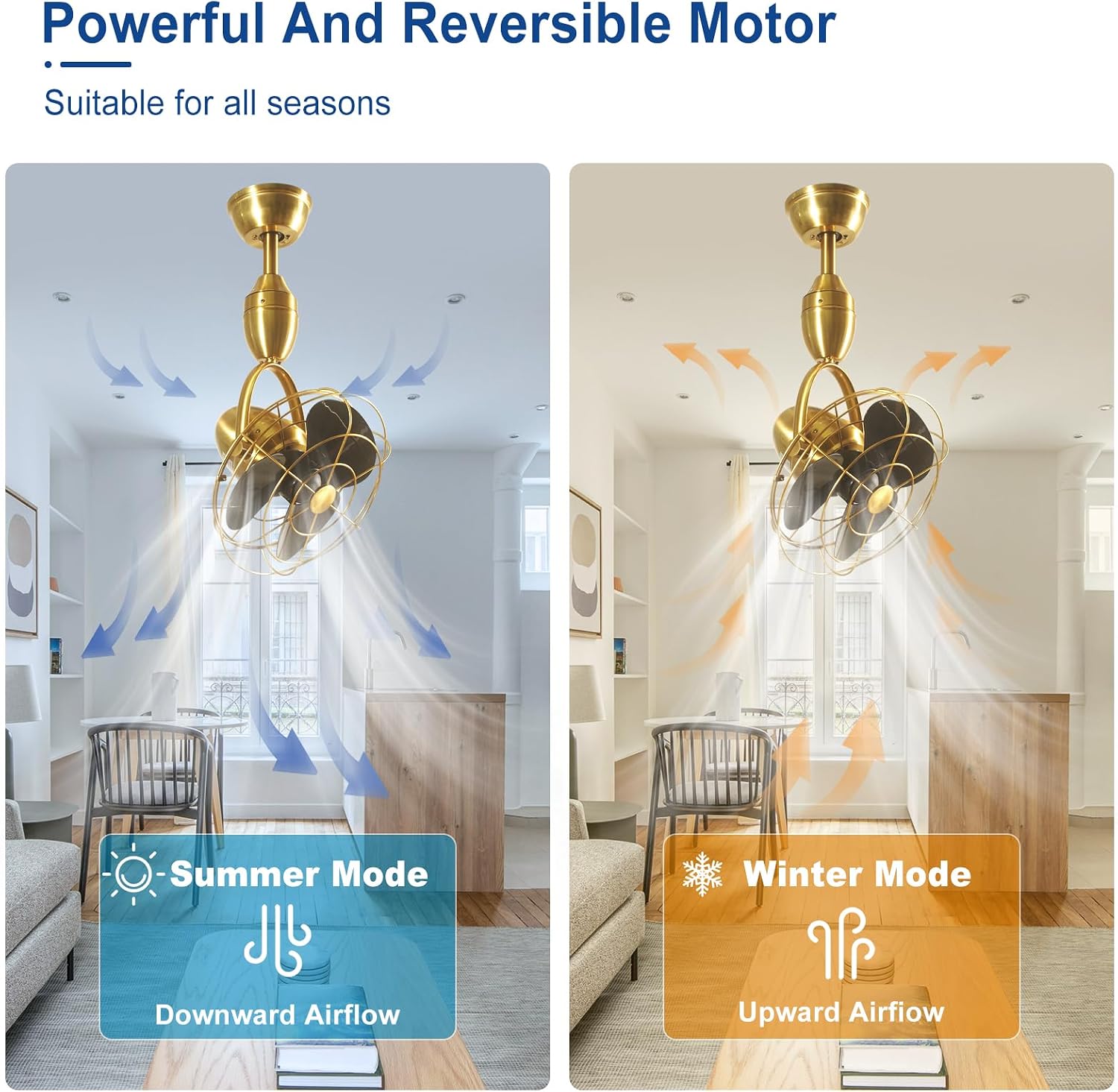 Depuley Oscillating Ceiling Fan with Remote: Gold and Black Wall Mount Fan Ceiling for Patio - Caged Outdoor Wall Fan for Indoor Bedroom Kitchen - 80° Oscillation 100° Adjustable
