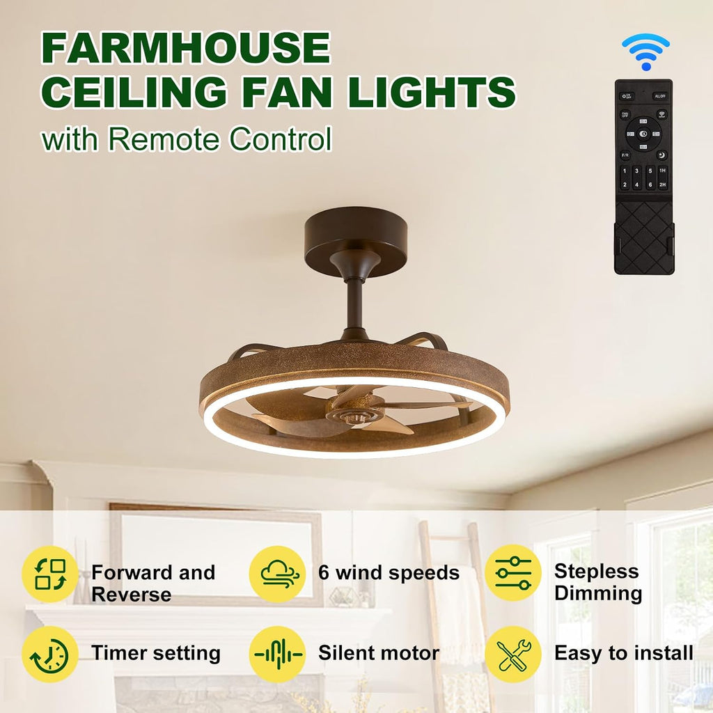 Farmhouse Fandelier Retro Ceiling Fan with Light, 20' Rustic Brown Dimmable LED Chandelier Ceiling Fans, Low Profile Smart Bladeless Ceiling Fan Lights 6 Speeds for Bedroom, Living Room