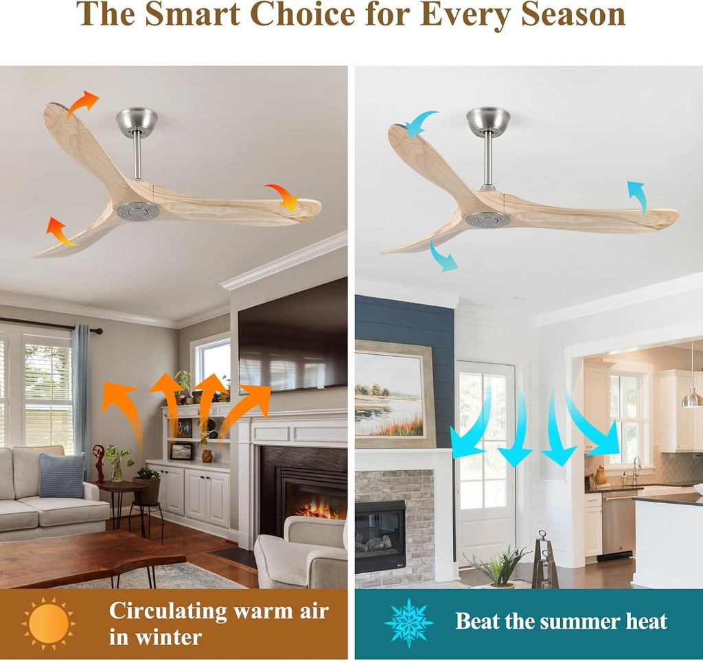 52' Modern Ceiling Fan, No Light, 6-Speed, Reversible, Timed Shutdown, DC Motor, Natural Wood 3 Blade, Porch, Bedroom, Living Room