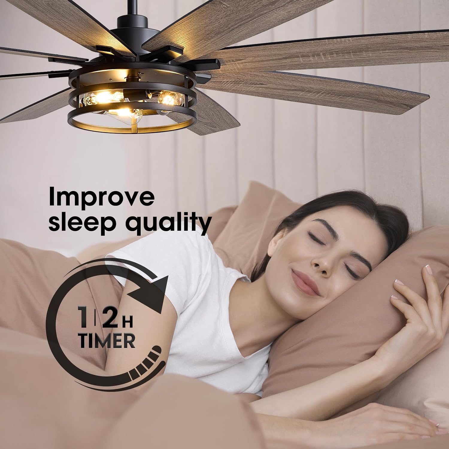 LuminFan 72 inch Large Ceiling Fans with Lights and Remote, Black Modern Ceiling Fan for Living Room, Patios, 6 Speed Reversible Quiet DC Motor, 8 Blades, Easy to Install