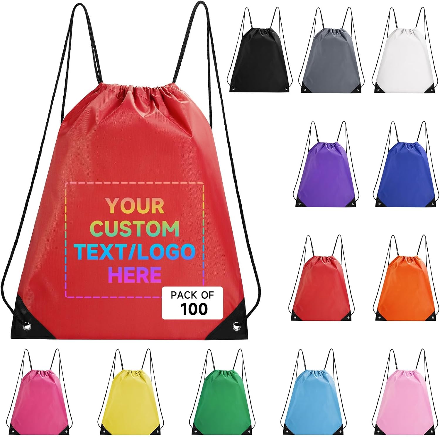 Custom Bags With Logo 100 Pack,Promotional Items Personalized Drawstring Backpack Bags Great for Gym and Everyday Use (Red)