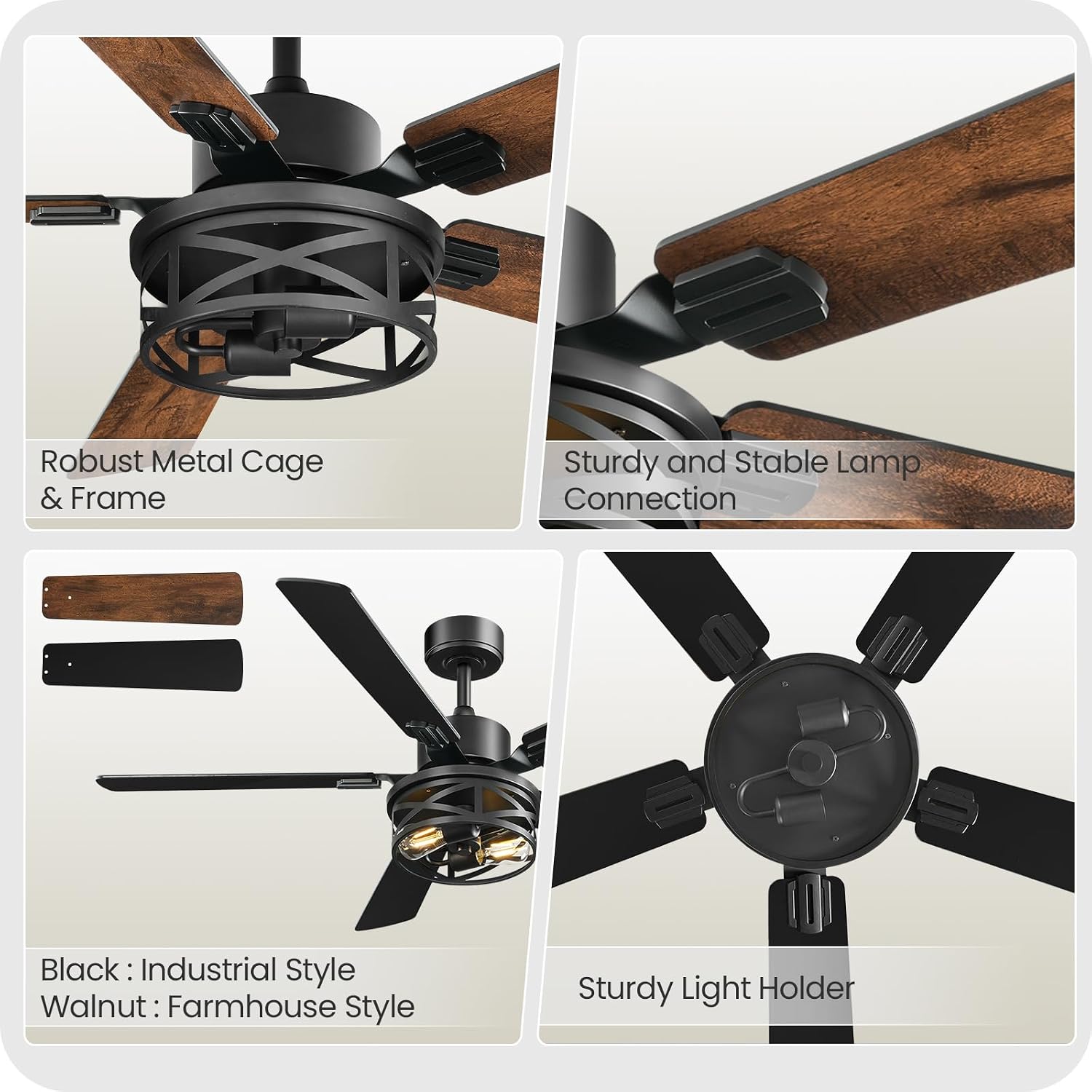 2 PACK 52 Inch Farmhouse Ceiling Fans with Lights and Remote, Timer, Dual Finish 5 Blades (Walnut and Black), 6 Speeds, Reversible DC Motor, Rustic & Industrial Caged Ceiling Fan FB01CFP205