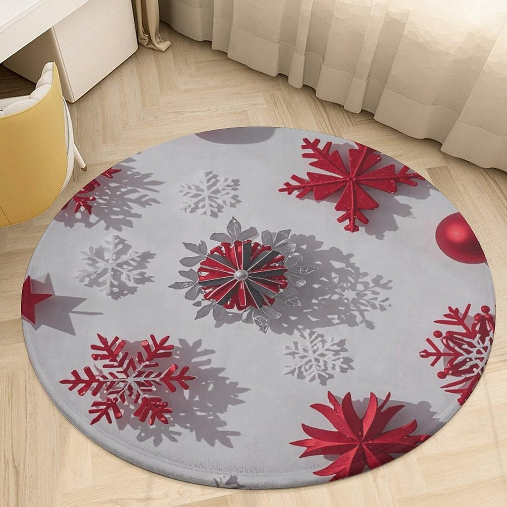 Christmas Red and Gray Snowflakes Coral Velvet Round Floor Mat Non-Slip Bath Rug Floor Covering for Bathroom Vanity Guest Suite & Vacation Home
