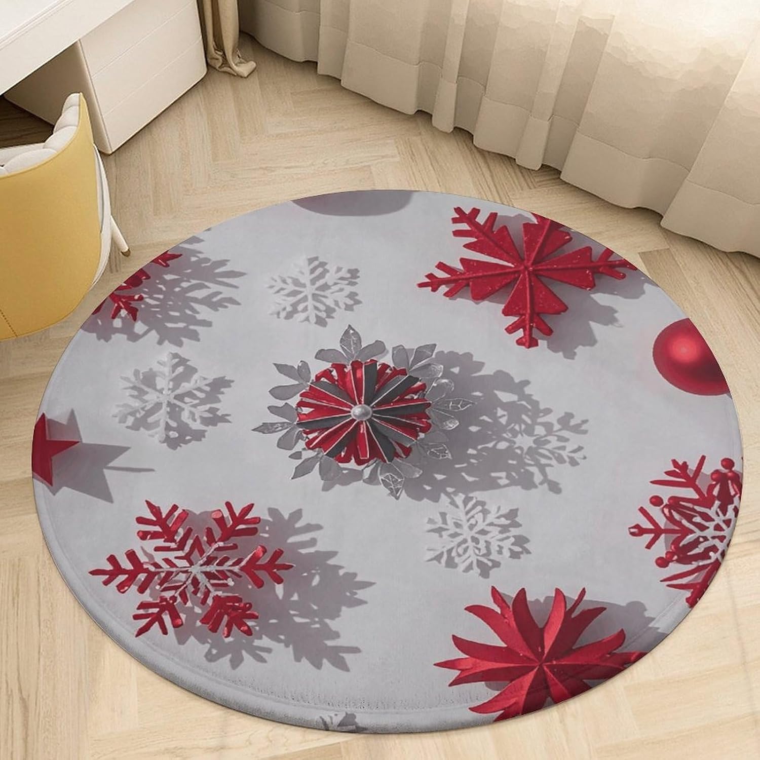 Christmas Red and Gray Snowflakes Coral Velvet Round Floor Mat Non-Slip Bath Rug Floor Covering for Bathroom Vanity Guest Suite & Vacation Home