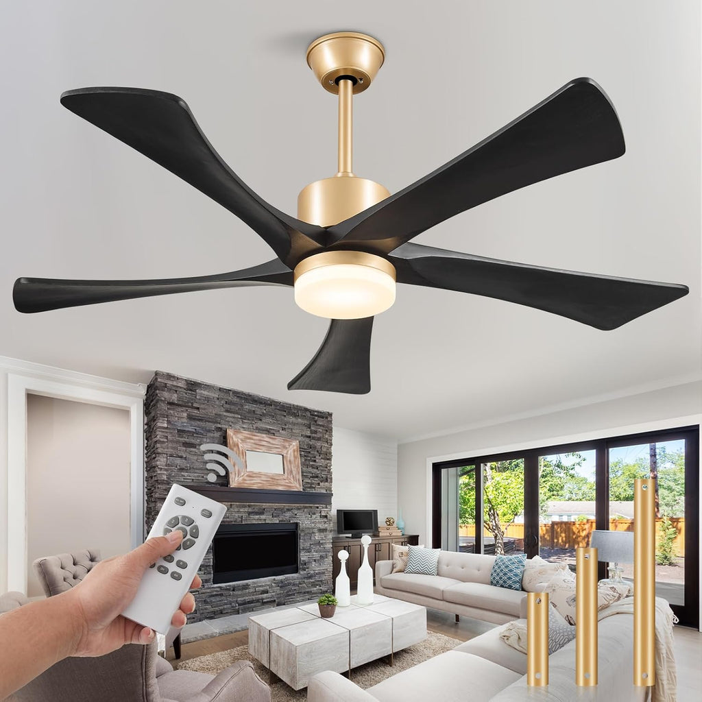 52' Black and Gold Ceiling Fan with Lights and Remote, Indoor/Outdoor Ceiling Fan for Patios, USA Original Patent, ETL Listed, 3 Downrod, 5 Blades, 6 Speeds Reversible DC Motor Fan, 52', Gold Black