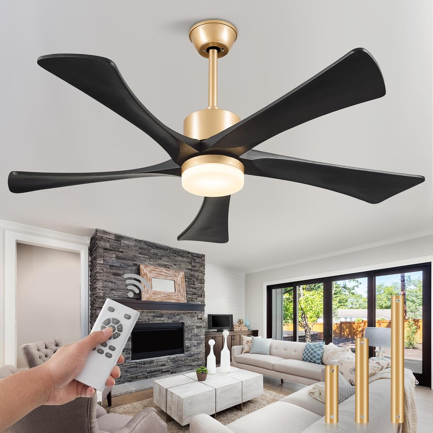 52' Black and Gold Ceiling Fan with Lights and Remote, Indoor/Outdoor Ceiling Fan for Patios, USA Original Patent, ETL Listed, 3 Downrod, 5 Blades, 6 Speeds Reversible DC Motor Fan, 52', Gold Black