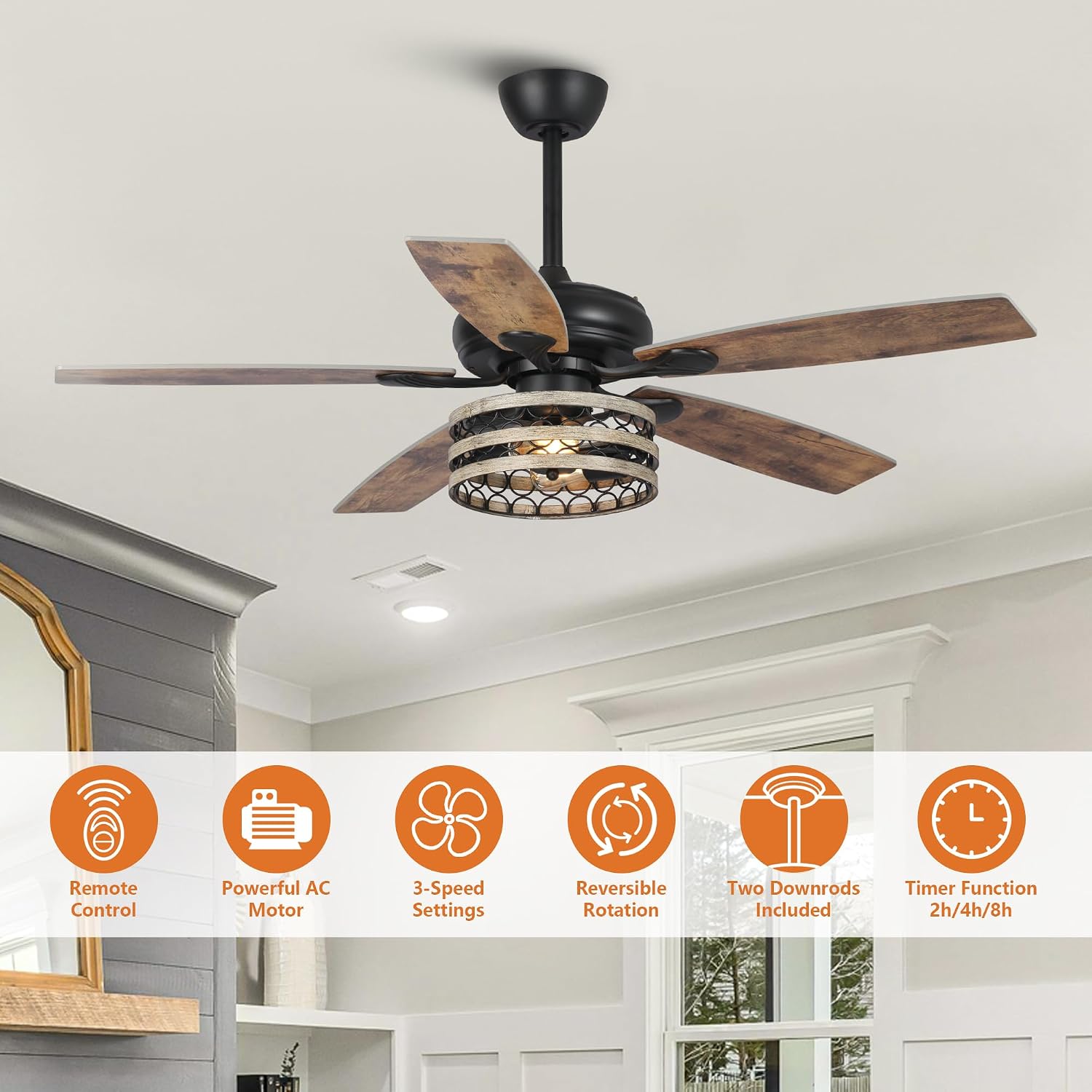 Parrot Uncle Ceiling Fans with Lights and Remote, 52 Inch Farmhouse Ceiling Fan with Light for Bedroom Living Room, Black Outdoor Ceiling Fans for Patios Covered, 3 Speeds, Reversible Airflow