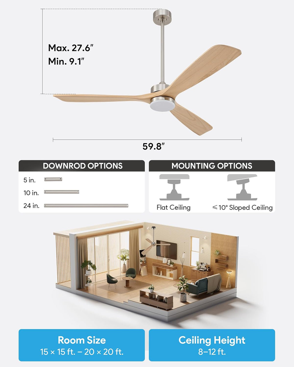VONLUCE Wood Ceiling Fan with Lights, 60 Inch Ceiling Fan and Remote, 6 Speed Reversible Noiseless DC Motor, 3CCT, Solid Wood Outdoor Ceiling Fan for Patios Farmhouse, Nickel