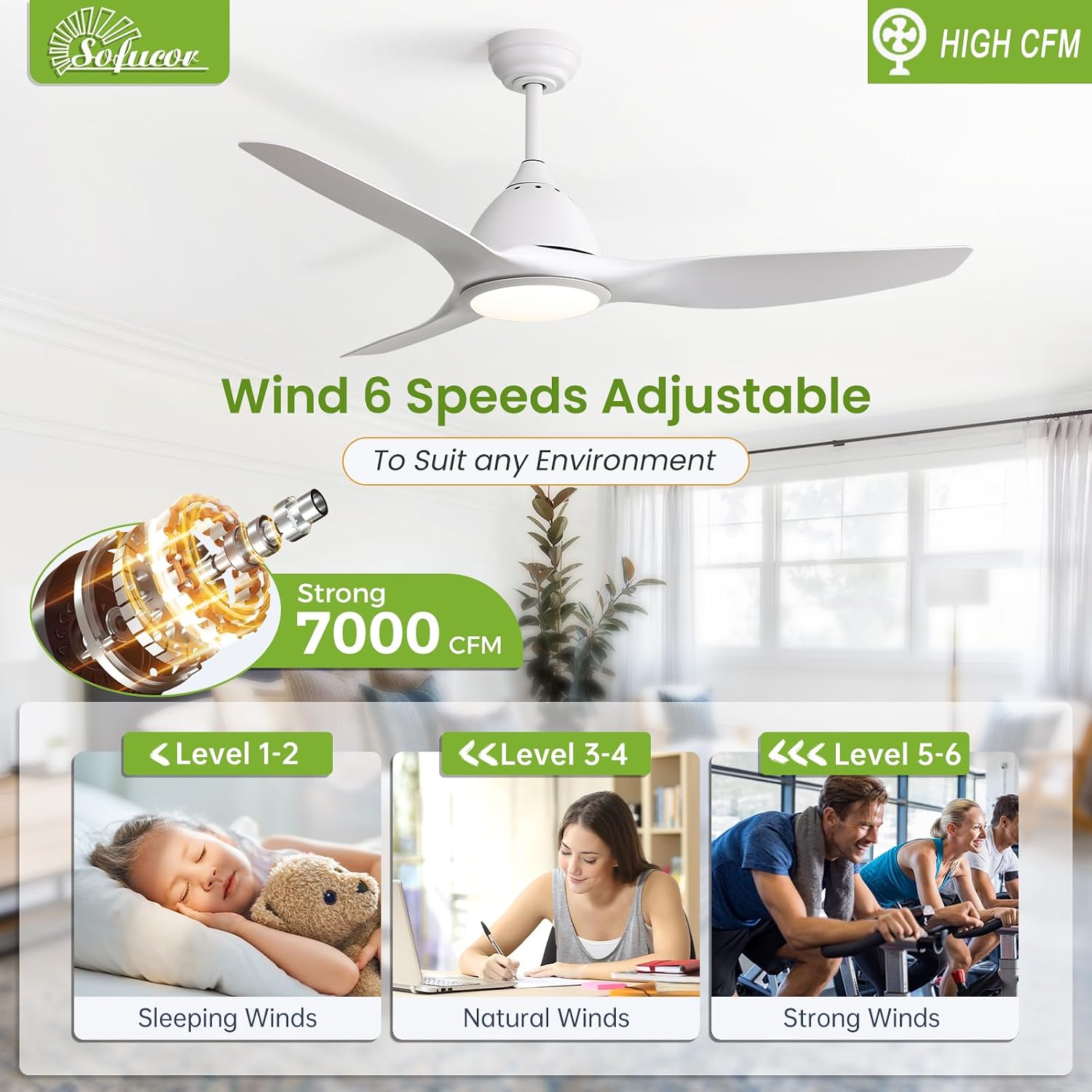 Sofucor 52 Inch Smart Ceiling Fan with Light, Modern Ceiling Fan with 3 Plastic Blade, Quiet, Dimmable, Compatible with Alexa/Google/App, 6 Speeds 7000CFM, Timer Quiet Reversible DC Motor, ETL, White