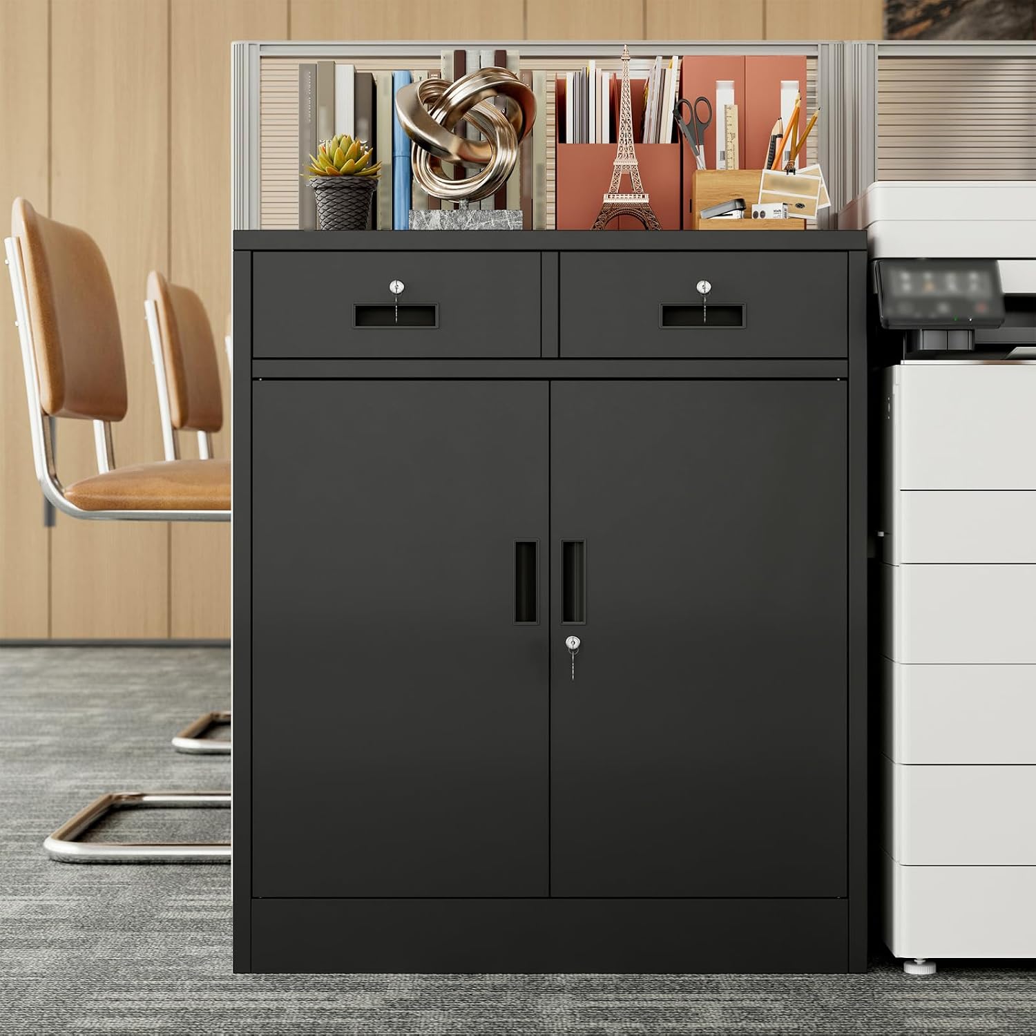 BESFUR Metal Garage Storage Cabinet with Two Lockable Drawers 2 Locking Doors and an Adjustable Shelf, 36' Black Metal Short Storage Cabinet for Home Office,Garage,School,Utility Room