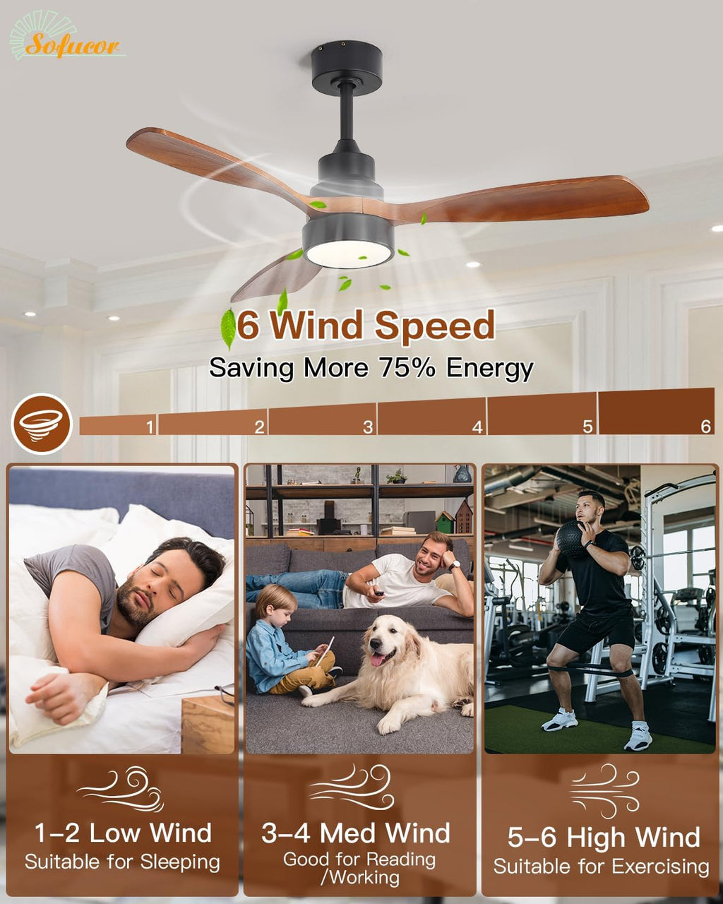 Sofucor 48 Inch Ceiling Fans with Lights and Remote Control-Modern Flush Mount & Downrod Mount Ceiling Fan for Bedroom Living Room Indoor Outdoor Farmhouse Patio, Timer Quiet DC Motor, Black&Walnut