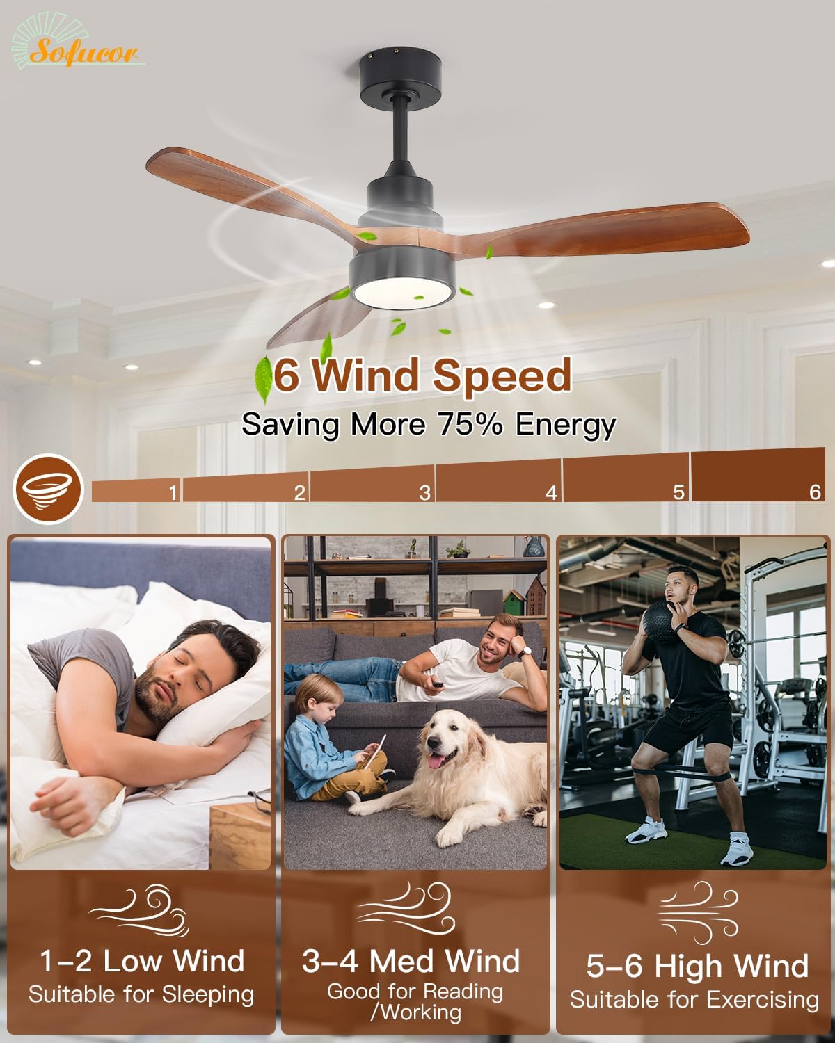 Sofucor 48 Inch Ceiling Fans with Lights and Remote Control-Modern Flush Mount & Downrod Mount Ceiling Fan for Bedroom Living Room Indoor Outdoor Farmhouse Patio, Timer Quiet DC Motor, Black&Walnut