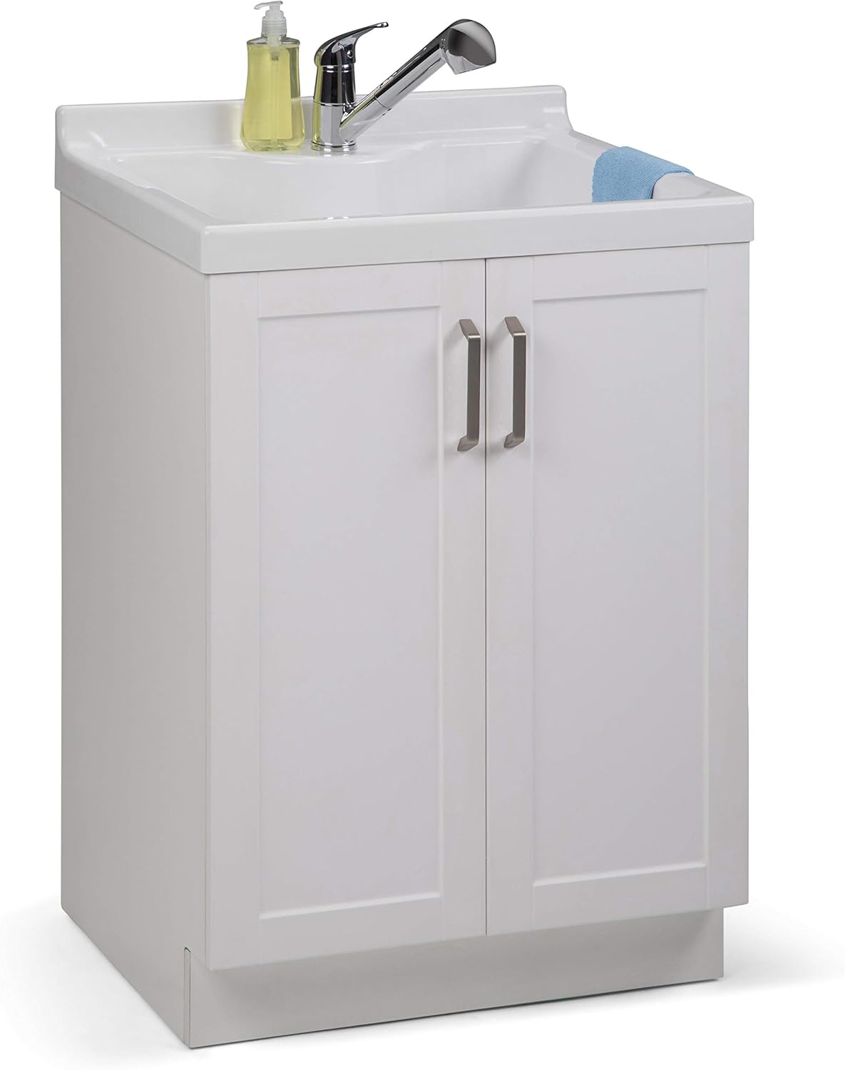 SIMPLIHOME Kyle All-in-One 24 inch Wide Utility Sink and Laundry Cabinet in Pure White Finish, Transitional ABS Sink Cabinet for Laundry Rooms with High-Arch Chrome Faucet and Pull-Out Spray