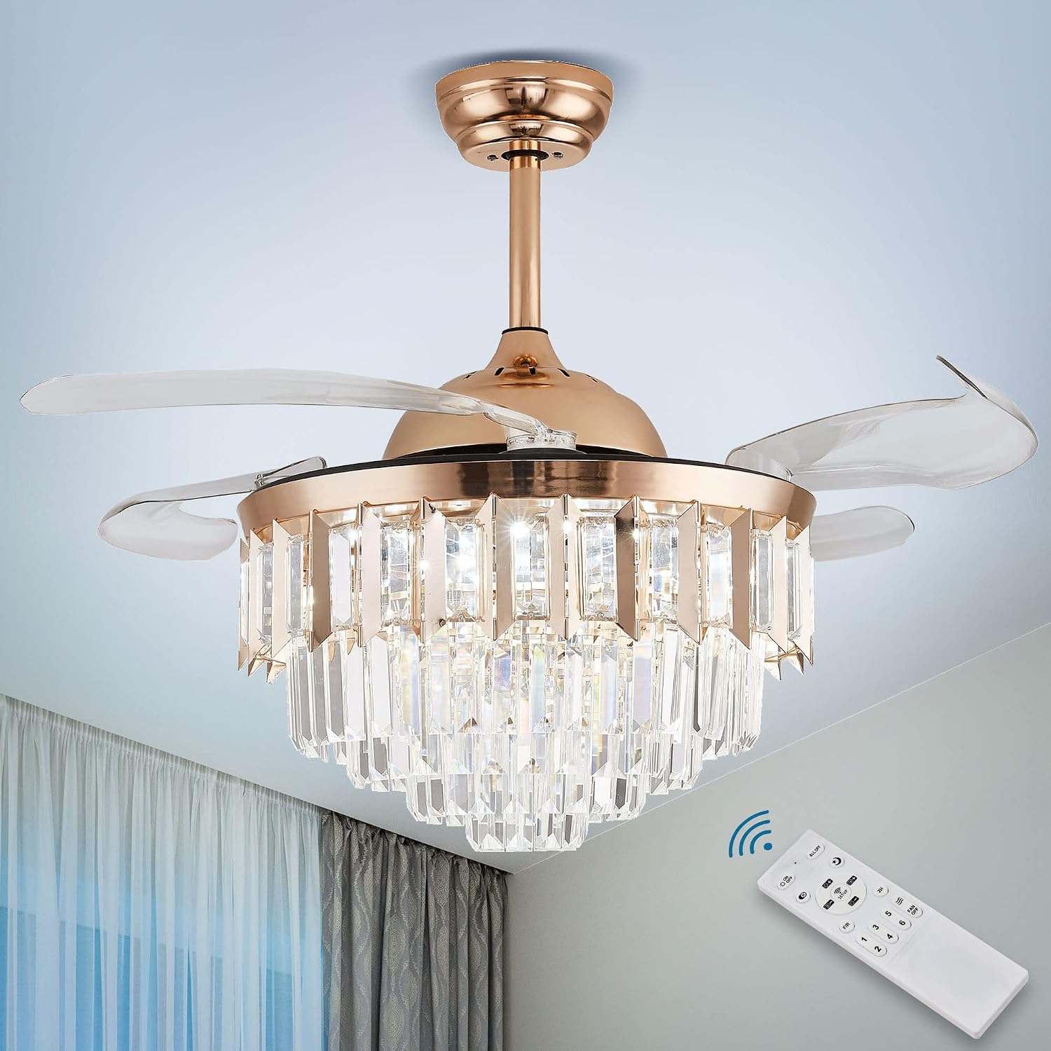 Crystal LED Ceiling Fans with Lights and Remote Controller 42 Inches Modern Fandelier Ceiling Lighting Fixture Crystal Fan Light Kit for Bedroom Dinning Room Living Room (Gold)
