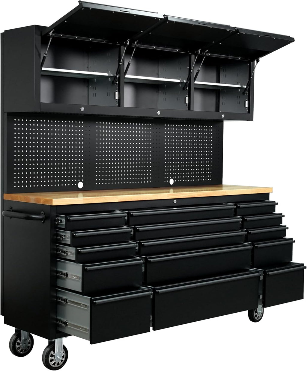 CT Copper Tailor 72-inch Tool Chest Cabinet Rolling Garage Workbench with 15 Storage Drawers and Wheels, 3 Upper Cabinet, Pegboard, Steel Large Tool Box,Matte Black