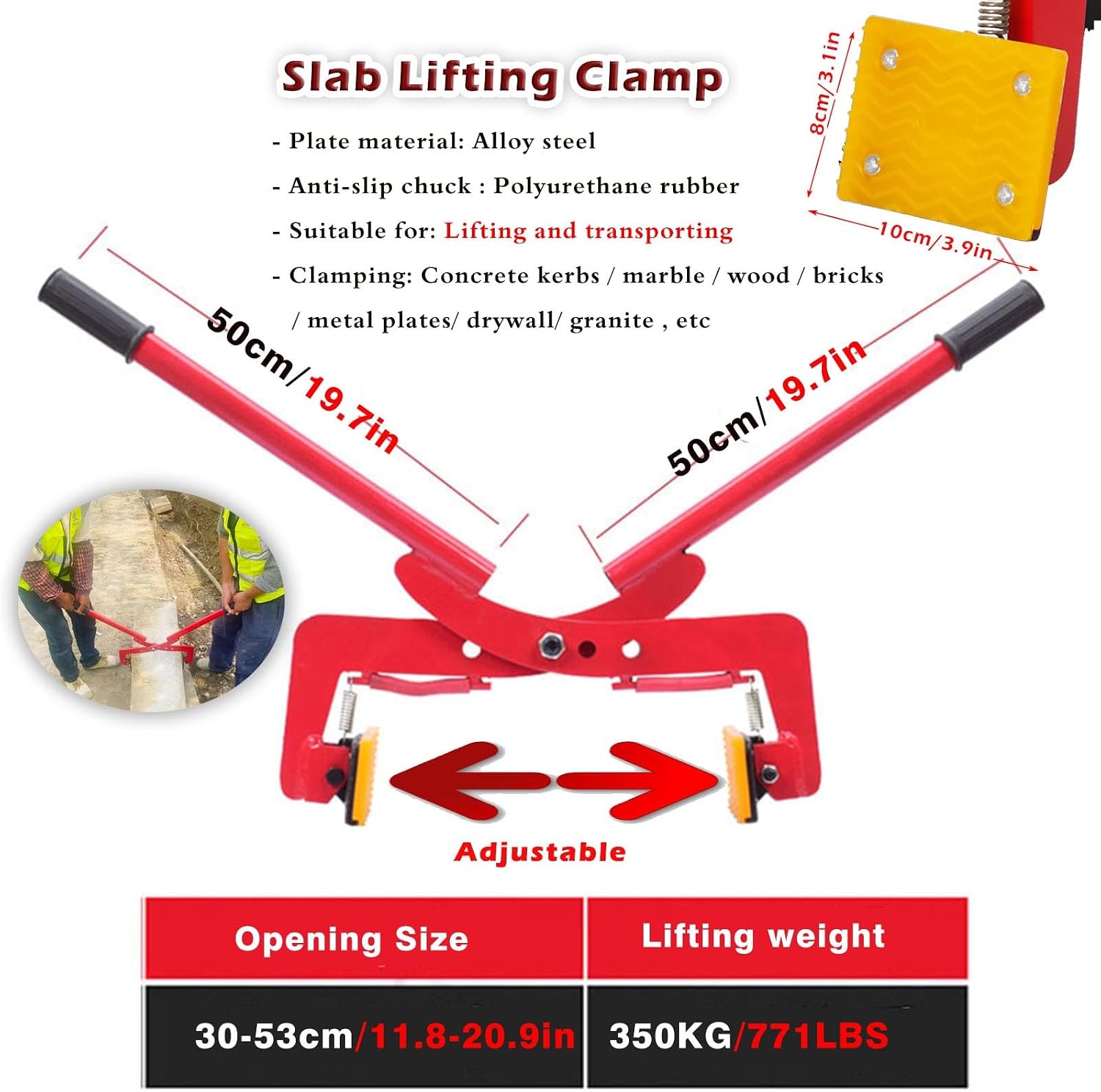 Feeding Mats Granite Slab Lifting Clamp - 350kg Capacity, 12-31 Inch Opening Stone Carrying Clamps Grabber For Moving Marble Slabs/Building Material/Metal Sheets, Concrete Curbs Handling Tool